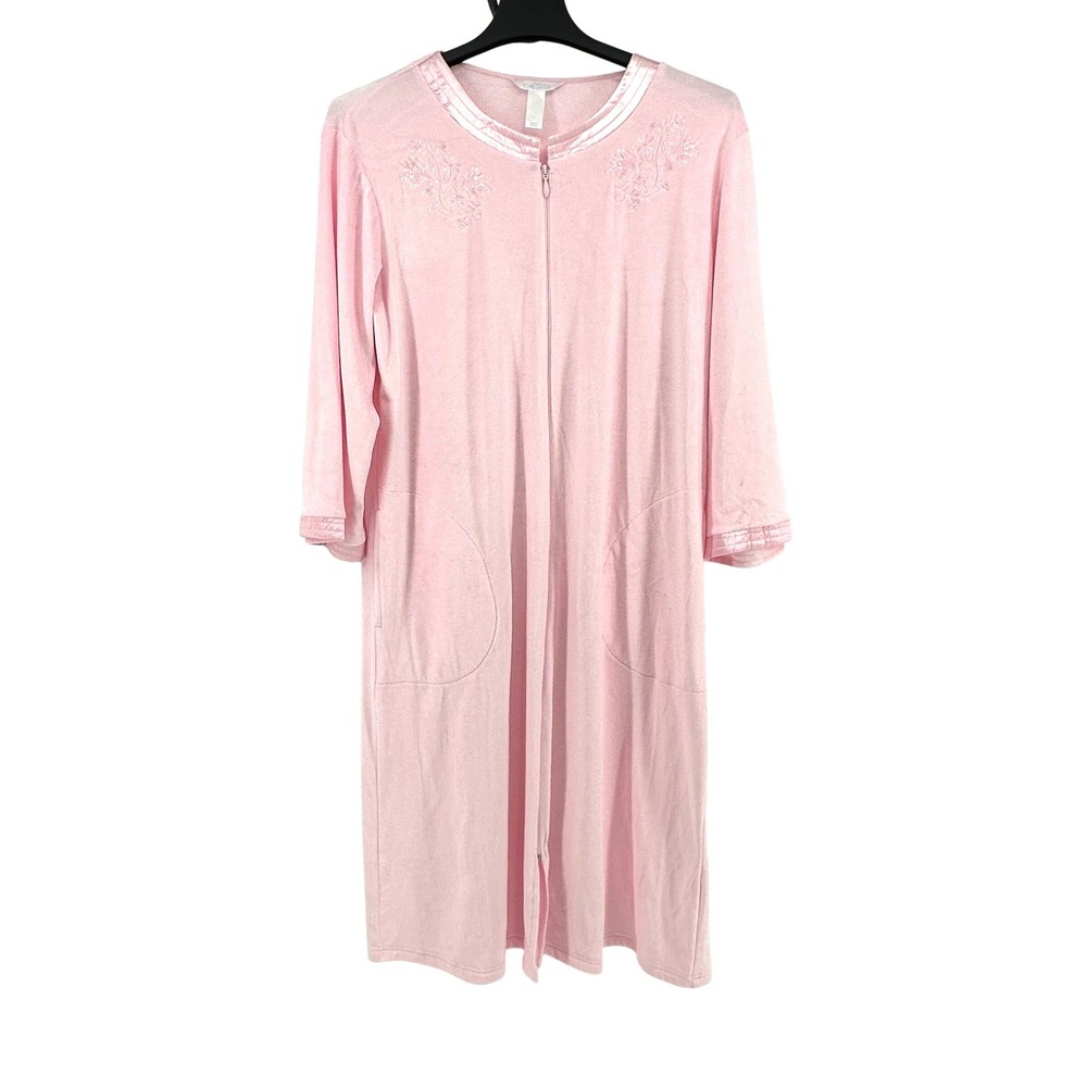 Adonna Sleepwear Robe Women Large Baby Pink Floral Embroidered Zip Up New Fleece
